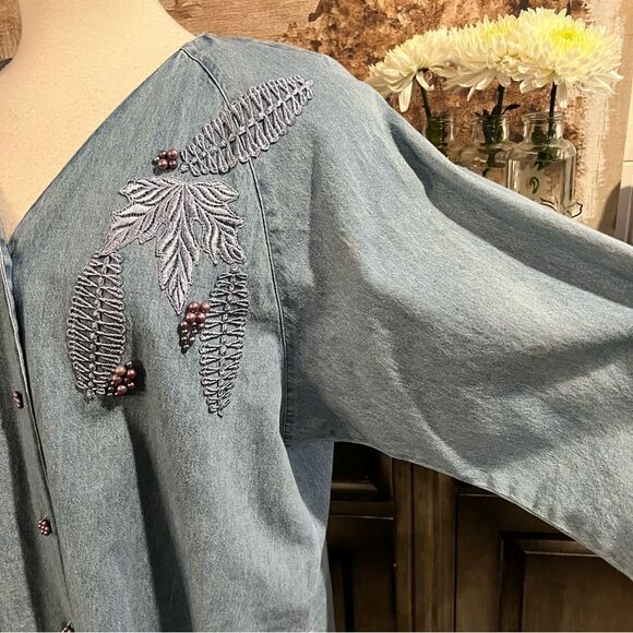 Vintage Denim Oversized Appliquéd Beaded Jacket size Large - Picture 6 of 12